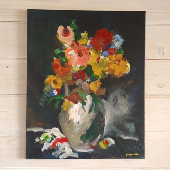 Original Acrylic Painting Dark Floral Dramatic Fall Flowers 16" X 20" Unframed - Picture 1 of 9